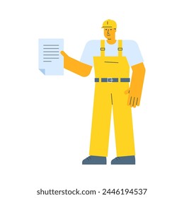 Builder holding document and smiling. Vector Illustration