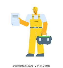 Builder holding document and holding suitcase. Vector Illustration