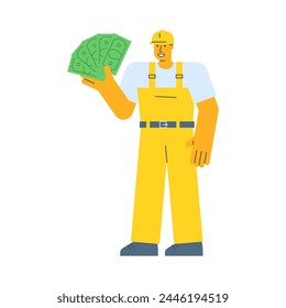 Builder holding five bills and smiling. Vector Illustration