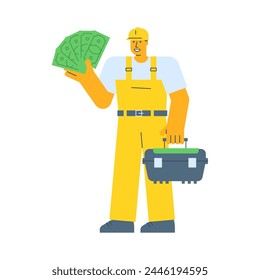 Builder holding five bills and holding suitcase. Vector Illustration