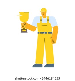 Builder holding golden cup and smiling. Vector Illustration