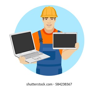 Builder holding a laptop and digital tablet.Portrait of builder in a flat style. Vector illustration.