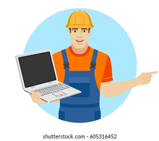 Builder holding laptop notebook and pointing somewhere. Portrait of builder in a flat style. Vector illustration.
