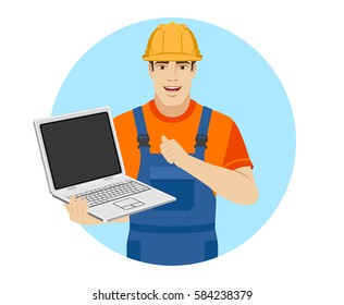 Builder holding a laptop and pointing the finger at yourself. Self-promotion. Portrait of builder in a flat style. Vector illustration.