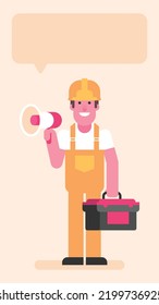 Builder holding megaphone and suitcase with tools. Flat people. Vector illustration