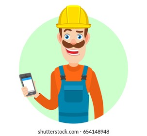Builder holding mobile phone in hand. Portrait of Cartoon Builder Character. Vector illustration in a flat style.