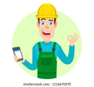 Builder holding mobile phone and showing a okay hand sign. Portrait of Cartoon Builder Character. Vector illustration in a flat style.