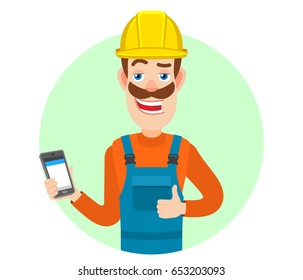 Builder holding mobile phone and showing thumb up. Portrait of Cartoon Builder Character. Vector illustration in a flat style.