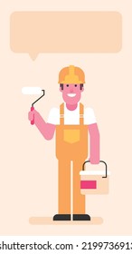 Builder holding paint roller and bucket with paint. Flat people. Vector illustration