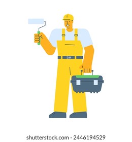 Constructor sosteniendo rodillo de pintura y sosteniendo maleta. Ilustración vectorial