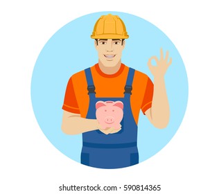 Builder holding a piggy bank and showing a okay hand sign. Portrait of builder in a flat style. Vector illustration.