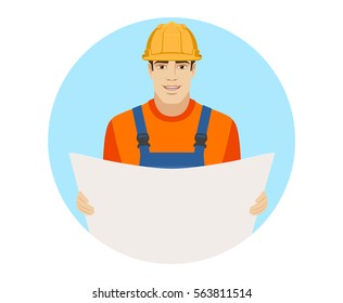 Builder holding the project plan.  Portrait of builder in a flat style. Vector illustration.