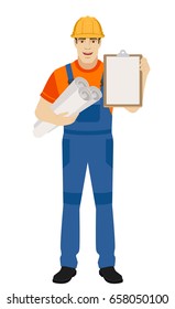 Builder holding the project plans and and clipboard. Full length portrait of builder character in a flat style. Vector illustration.