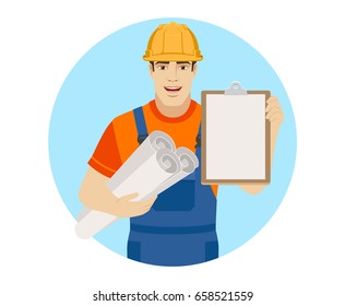 Builder holding the project plans and and clipboard. Portrait of builder character in a flat style. Vector illustration.