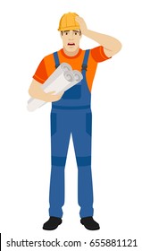 Builder holding the project plans and grabbed his head. Full length portrait of builder character in a flat style. Vector illustration.