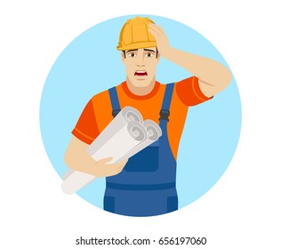 Builder holding the project plans and grabbed his head. Portrait of builder character in a flat style. Vector illustration.