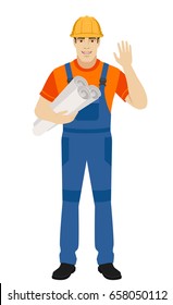Builder holding the project plans and greeting someone with his hand raised up. Full length portrait of builder character in a flat style. Vector illustration.