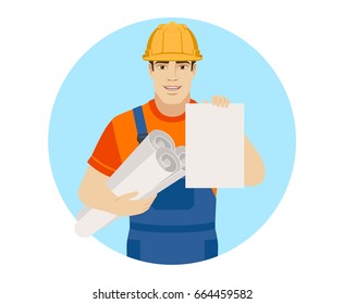 Builder holding the project plans and  paper. Portrait of builder character in a flat style. Vector illustration.