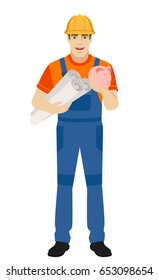 Builder holding the project plans and piggy bank. Full length portrait of builder character in a flat style. Vector illustration.