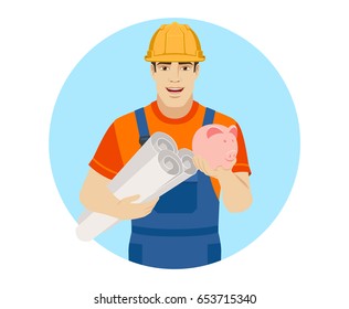 Builder holding the project plans and piggy bank. Portrait of builder character in a flat style. Vector illustration.
