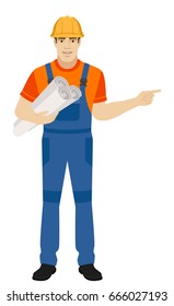 Builder holding the project plans and pointing something beside of him. Full length portrait of builder character in a flat style. Vector illustration.