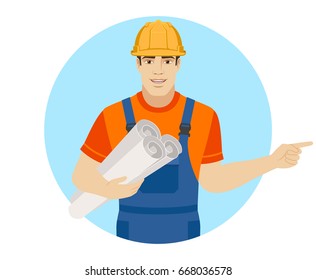 Builder holding the project plans and pointing something beside of him. Portrait of builder character in a flat style. Vector illustration.
