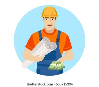 Builder holding the project plans and showing cash money. Portrait of builder character in a flat style. Vector illustration.
