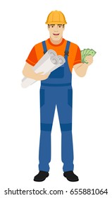 Builder holding the project plans and showing cash money. Full length portrait of builder character in a flat style. Vector illustration.