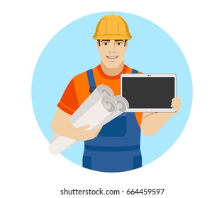 Builder holding the project plans and showing blank digital tablet PC. Portrait of builder character in a flat style. Vector illustration.