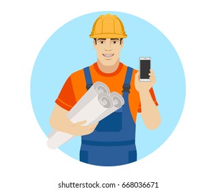 Builder holding the project plans and  showing mobile phone. Portrait of builder character in a flat style. Vector illustration.