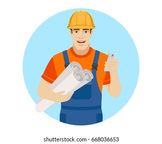 Builder holding the project plans and using mobile phone. Portrait of builder character in a flat style. Vector illustration.