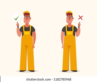 Builder Holding Right and Wrong Signs. Cartoon Style. Vector Illustration