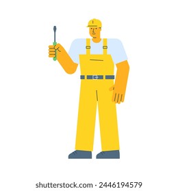 Builder holding screwdriver and smiling. Vector Illustration