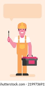 Builder holding screwdriver and suitcase with tools. Flat people. Vector illustration
