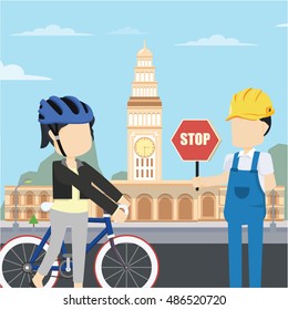 builder holding stop sign stoping rider girl