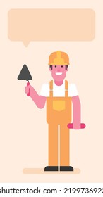 Builder holding trowel and brick. Flat people. Vector illustration