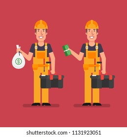 Builder holds bag money holds bundle money and smiling. Vector Illustration.
