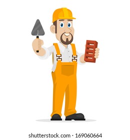 Builder holds brick and trowel