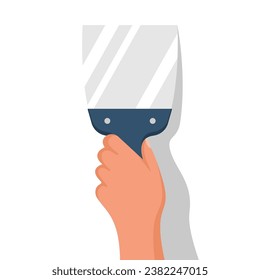 The builder holds a construction spatula in hand. Putty knife in the hand of a home master. Cement trowel. Construction and repair. Apply plaster or putty. Vector illustration flat design. 