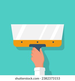The builder holds a construction spatula in hand. Putty knife in the hand of a home master. Cement trowel. Construction and repair. Apply plaster or putty. Vector illustration flat design. 