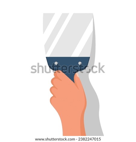 The builder holds a construction spatula in hand. Putty knife in the hand of a home master. Cement trowel. Construction and repair. Apply plaster or putty. Vector illustration flat design. 