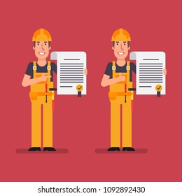 Builder holds contract points and shows thumbs up. Working people. Vector illustration.