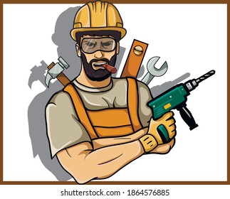 der Erbauer hält einen Bohrer in der Hand im Hintergrund der Werkzeuge