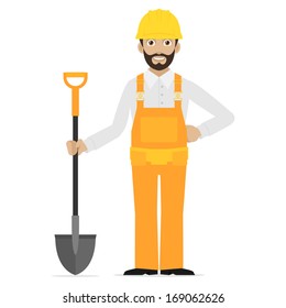 Builder holds in hand shovel