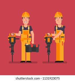 Builder holds jackhammer holds suitcase and smiles. Vector Illustration.