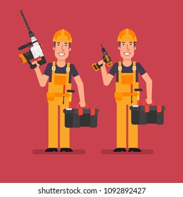 Builder holds perforator screwdriver and suitcase with tool. Working people. Vector illustration.