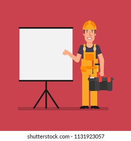 Builder holds suitcase and points to flip chart. Vector Illustration.