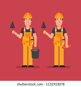 Builder holds trowel holds bucket holds brick and smiles. Vector Illustration.