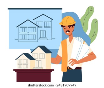 Builder with house plan. Engineer in protective uniform with blueprint. Construction and architecture. Poster or banner. Cartoon flat vector illustration isolated on white background