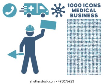 Builder icon with 1000 medical business cyan and blue vector pictographs. Set style is flat bicolor symbols, white background.